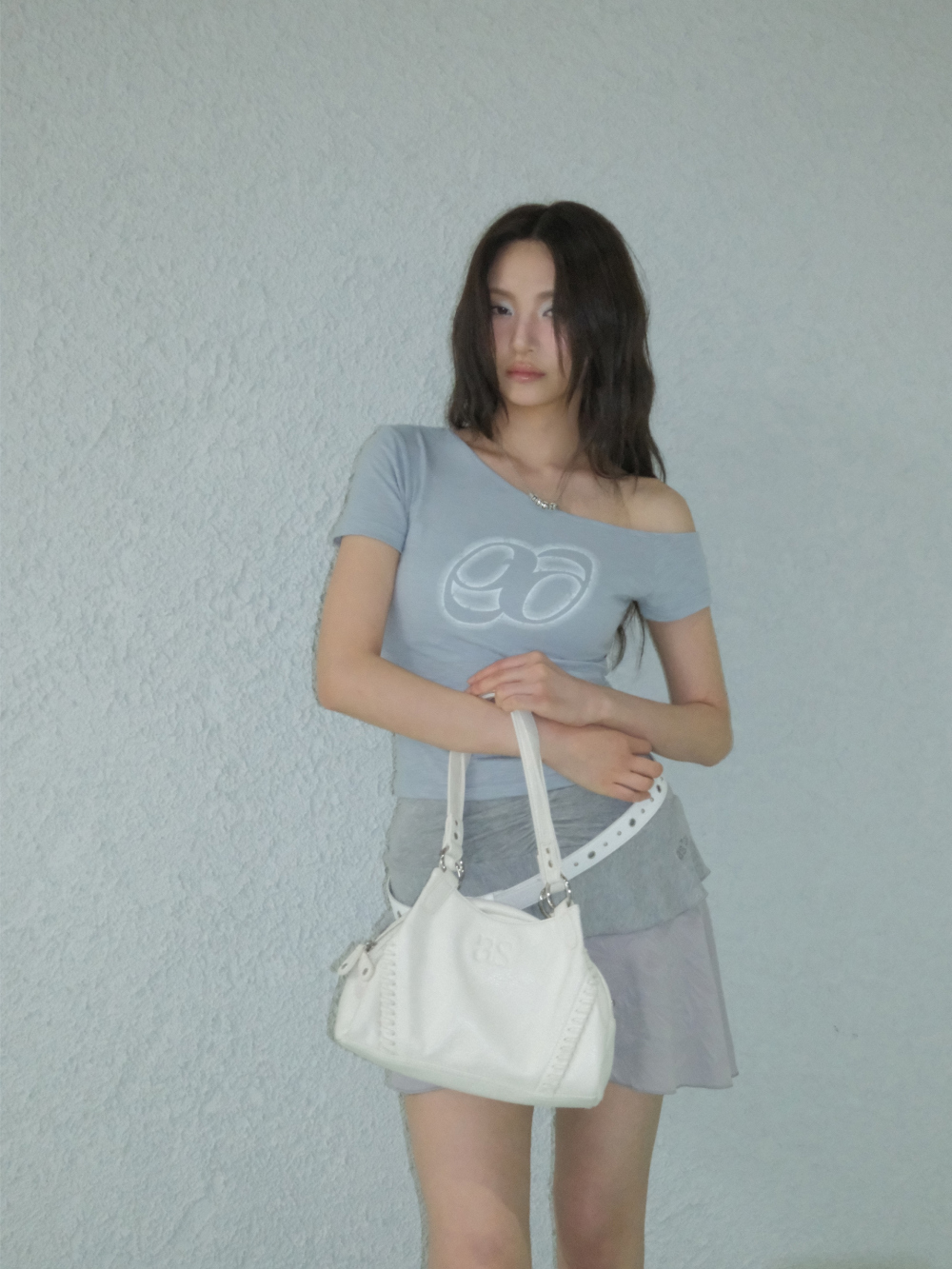 ASON Large Textured Leather Shoulder Bag with Silver Rivet Details