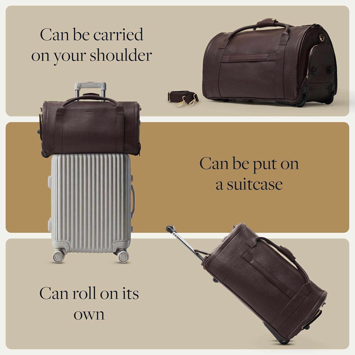 Large Duffle Bag with Wheels - Carry On Garment Duffle Bags for Travel, Overnight, Hospital, Travel Bags for Women & Men with Shoe Compartment & Tech Pocket (Leather, Chocolate)