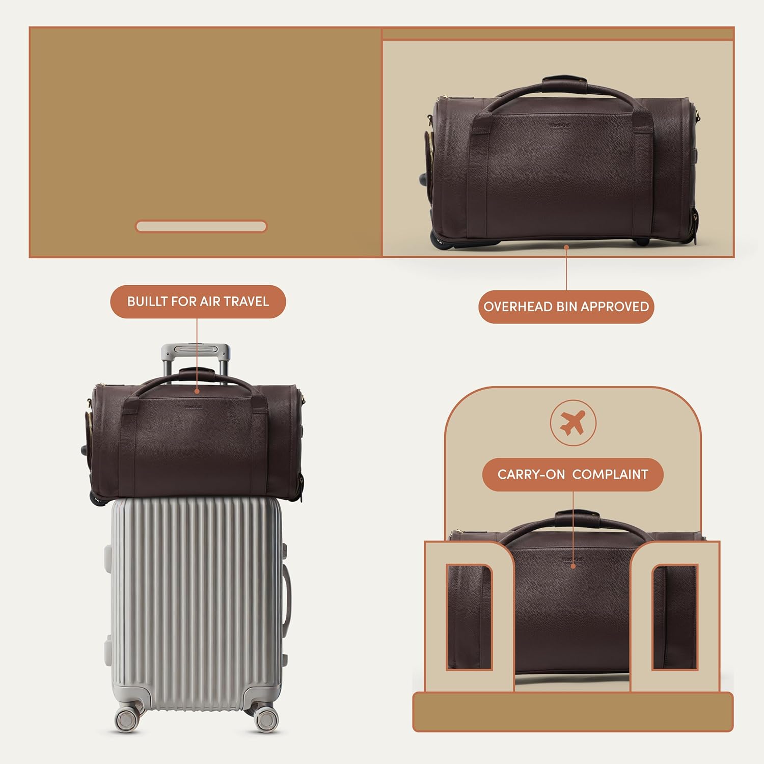 Large Duffle Bag with Wheels - Carry On Garment Duffle Bags for Travel, Overnight, Hospital, Travel Bags for Women & Men with Shoe Compartment & Tech Pocket (Leather, Chocolate)