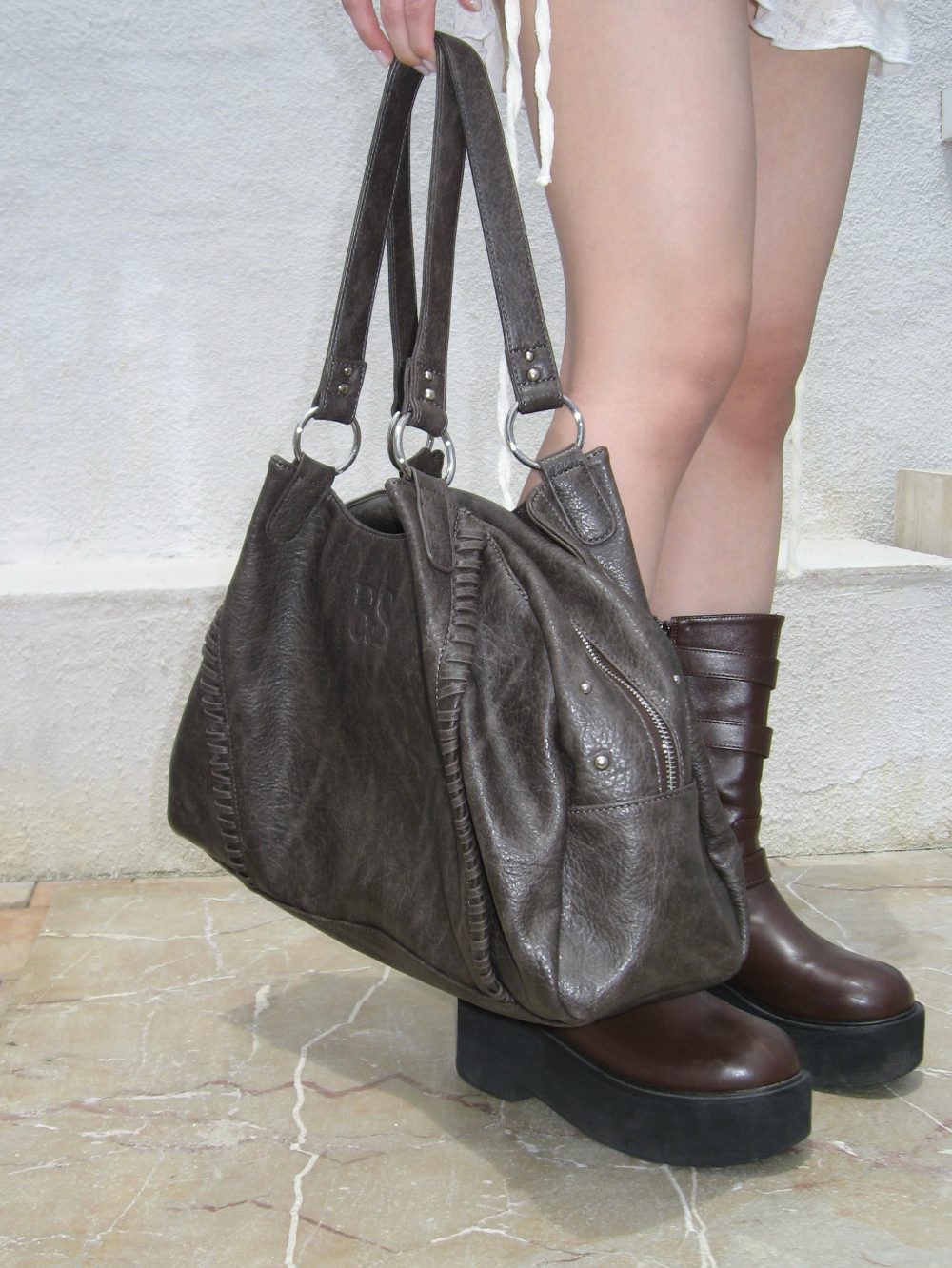 ASON Large Textured Leather Shoulder Bag with Silver Rivet Details