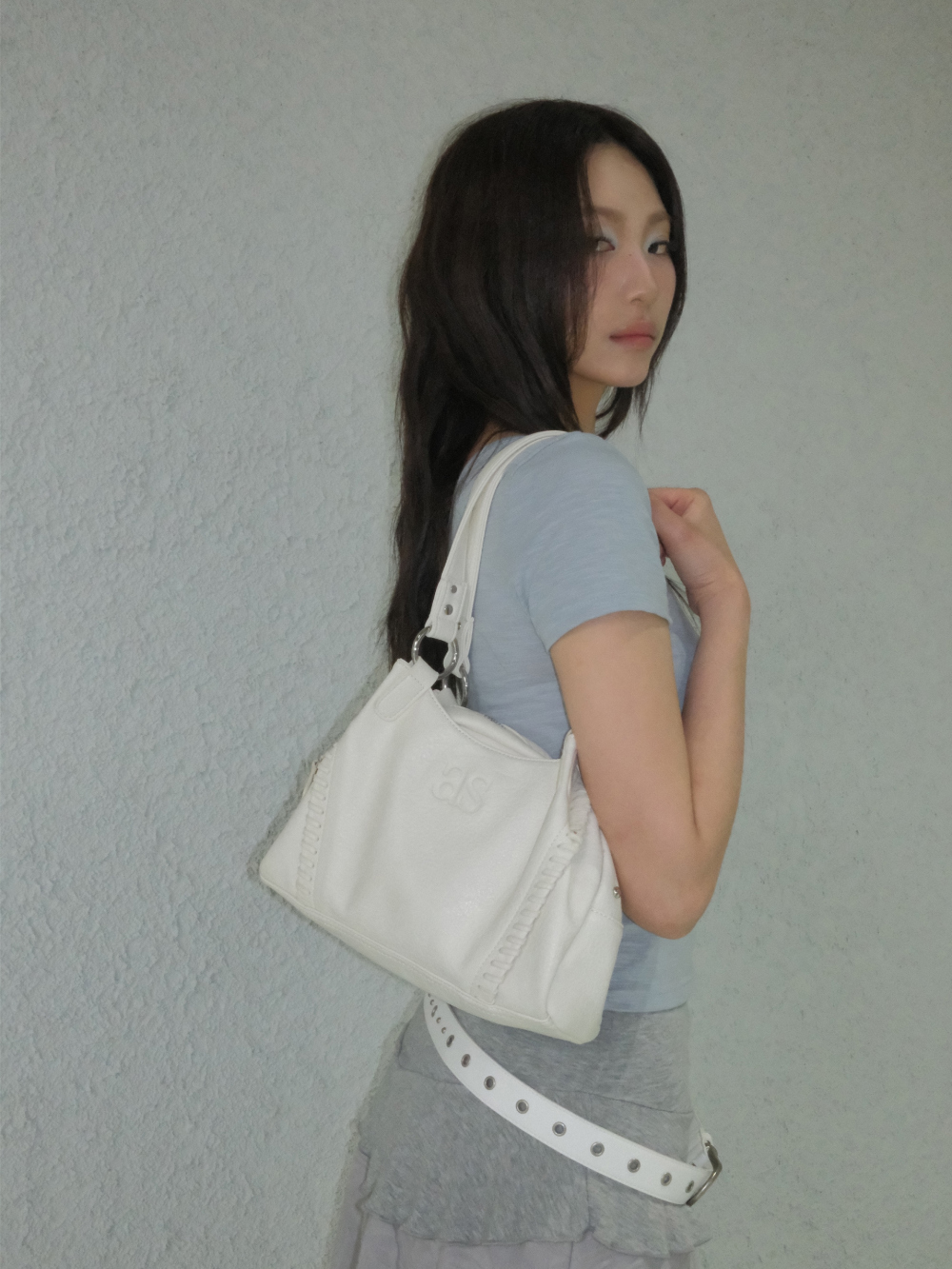 ASON Large Textured Leather Shoulder Bag with Silver Rivet Details