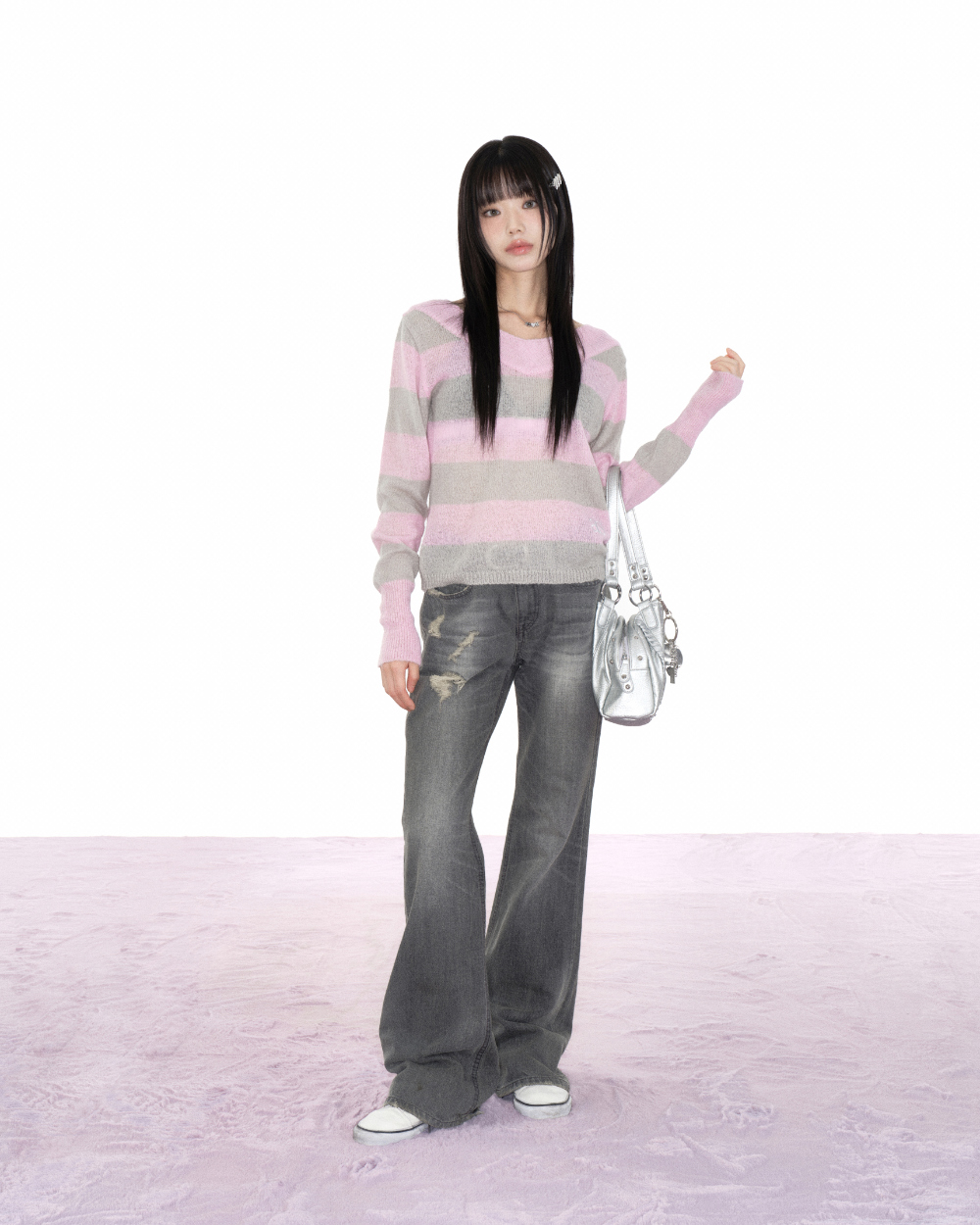 ASON Large Textured Leather Shoulder Bag with Silver Rivet Details