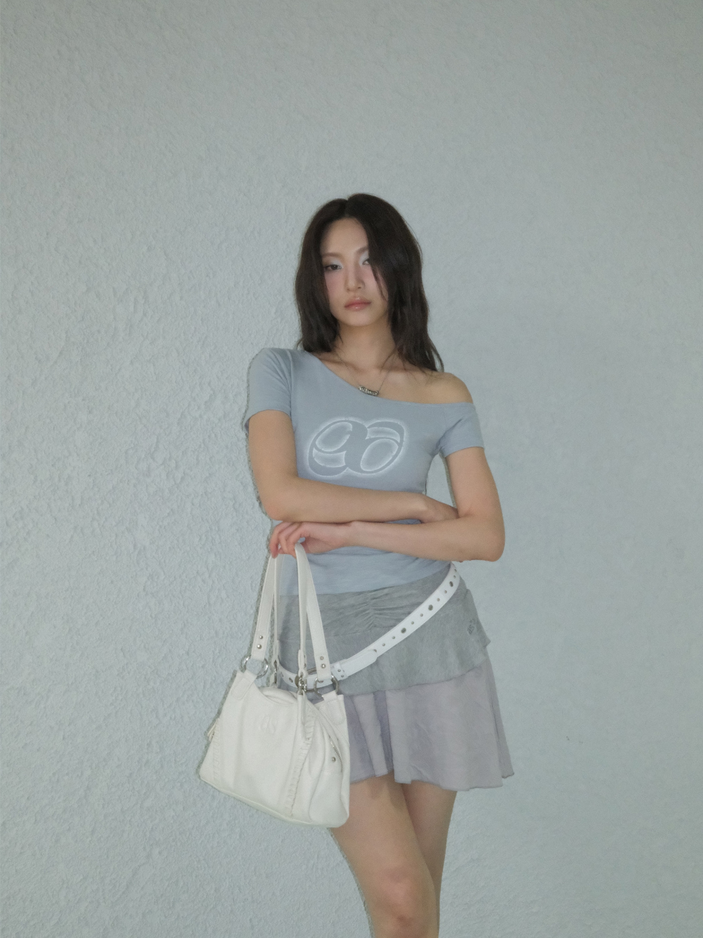 ASON Large Textured Leather Shoulder Bag with Silver Rivet Details