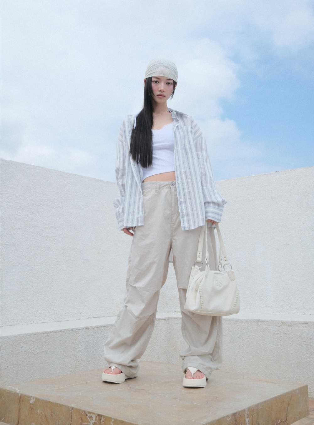 ASON Large Textured Leather Shoulder Bag with Silver Rivet Details