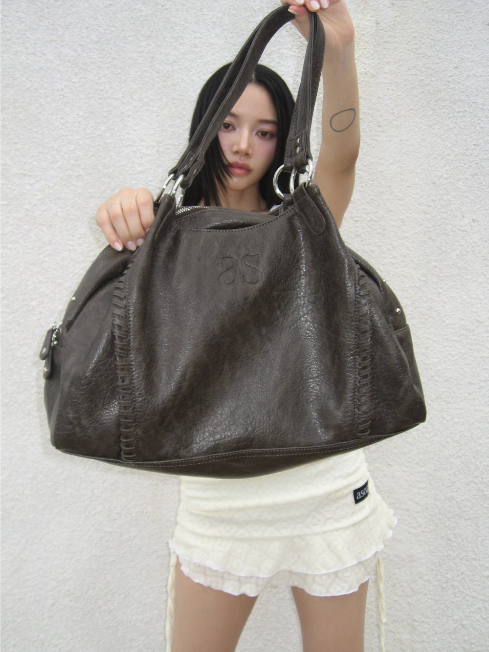 ASON Large Textured Leather Shoulder Bag with Silver Rivet Details