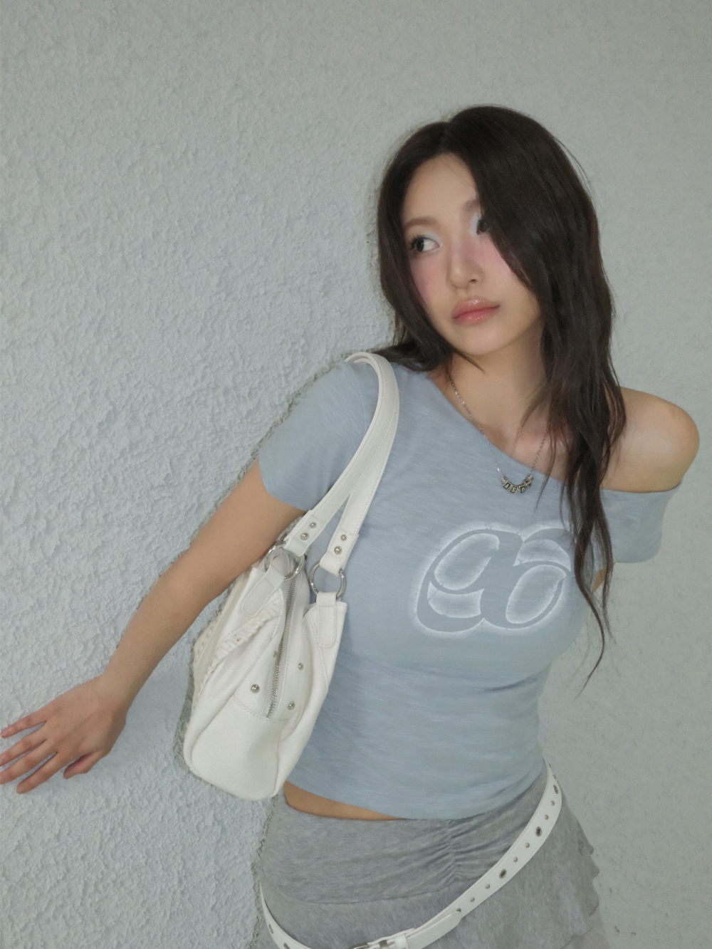 ASON Large Textured Leather Shoulder Bag with Silver Rivet Details