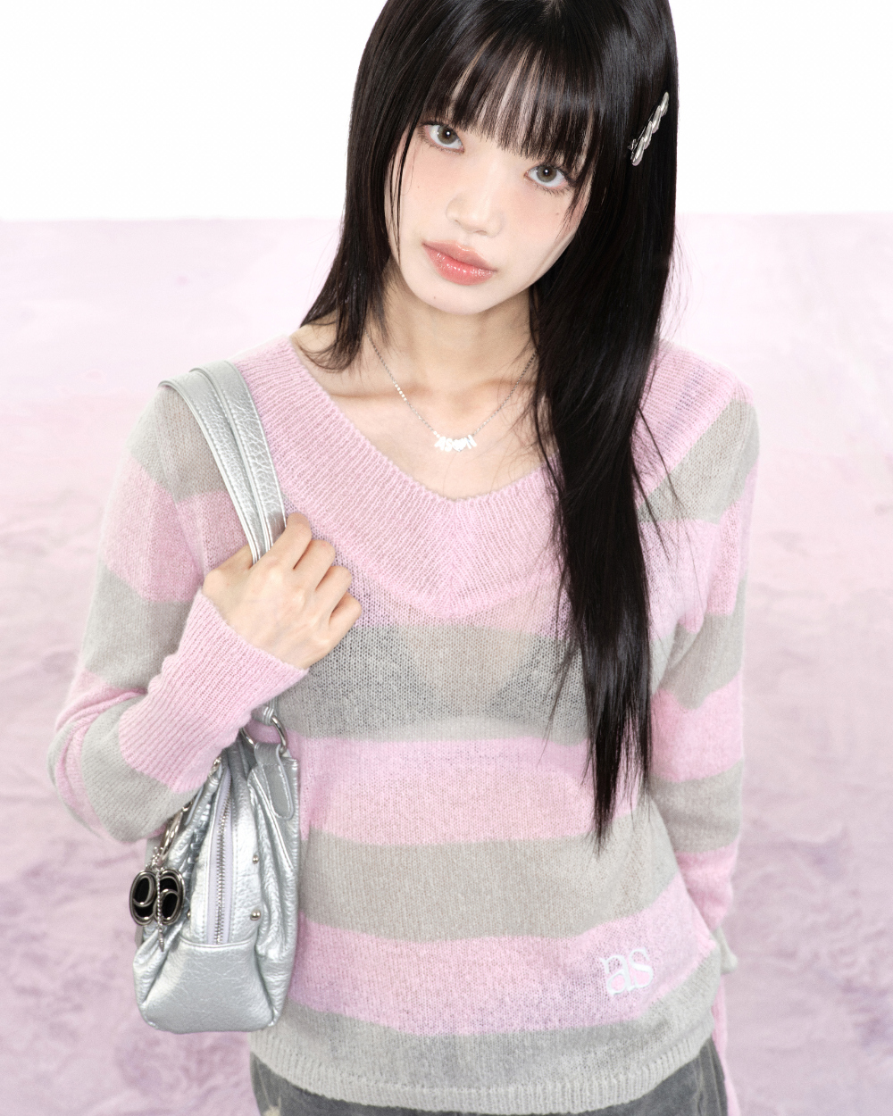 ASON Large Textured Leather Shoulder Bag with Silver Rivet Details