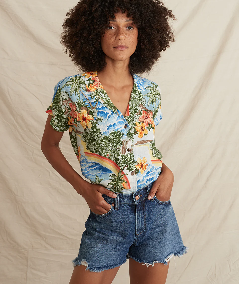 Malia Button Down in Blue Hawaiian Print