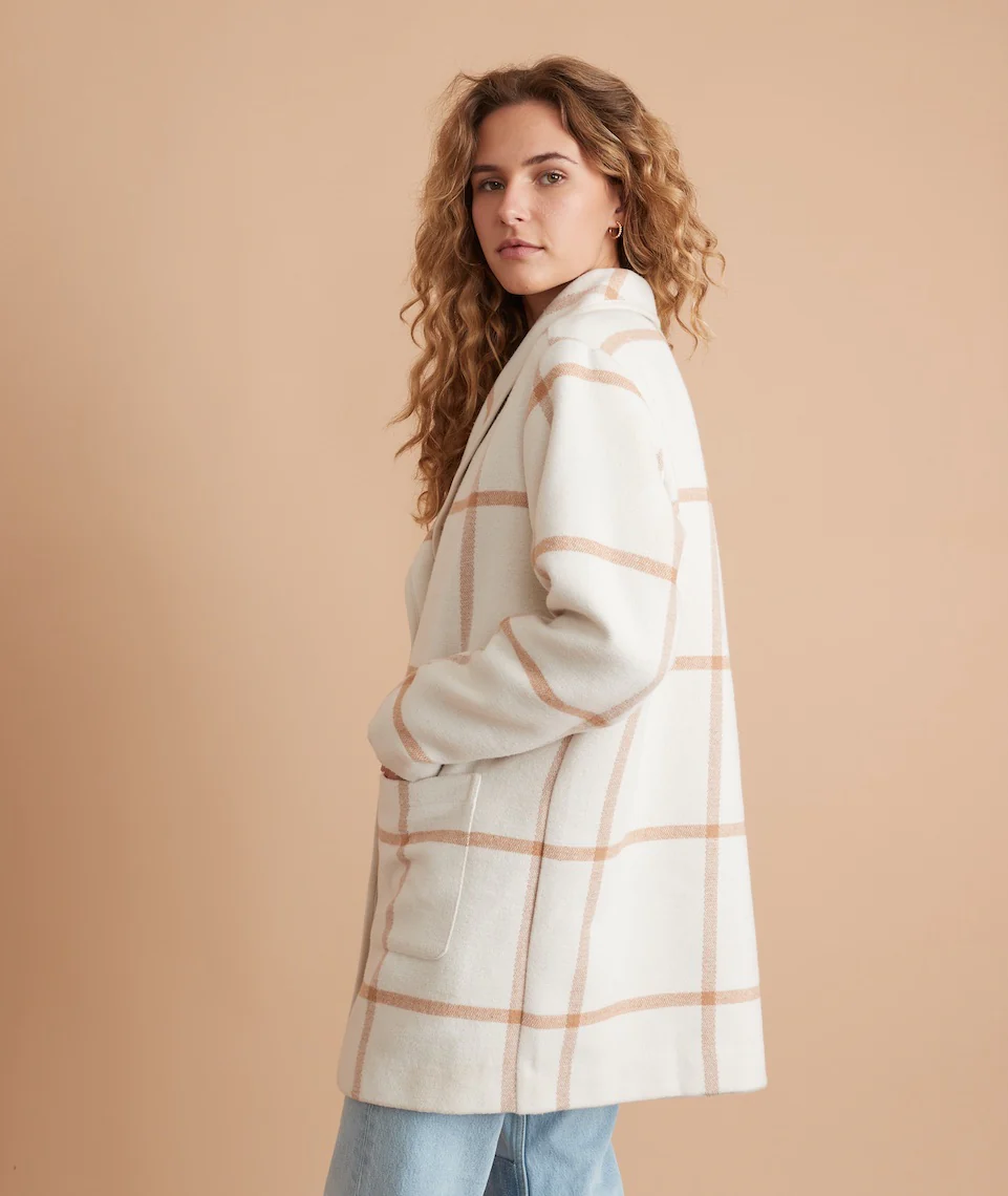 Liverpool Shawl Collar Coatigan in Cream/Camel Windowpane