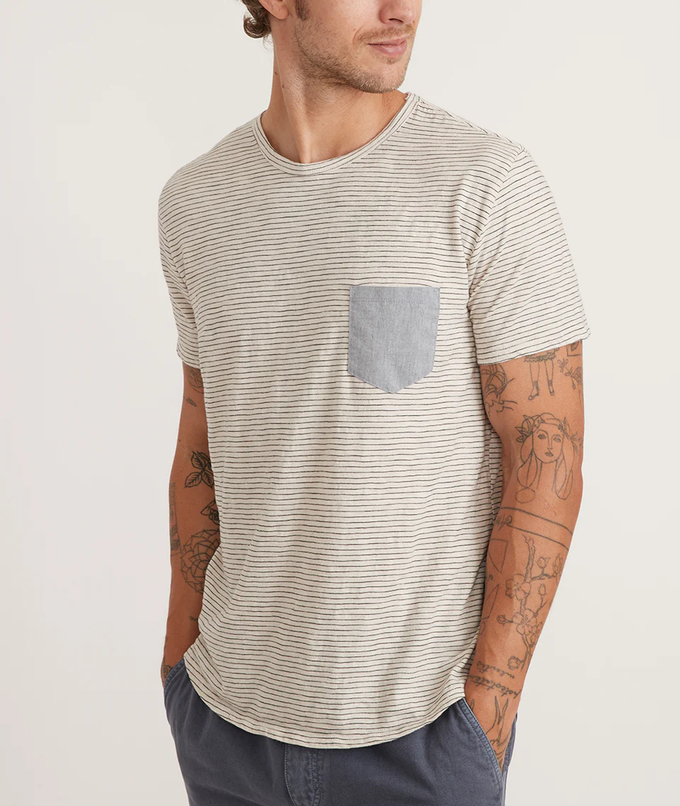 Saddle Hem Chambray Pocket Tee in Natural/Black Stripe