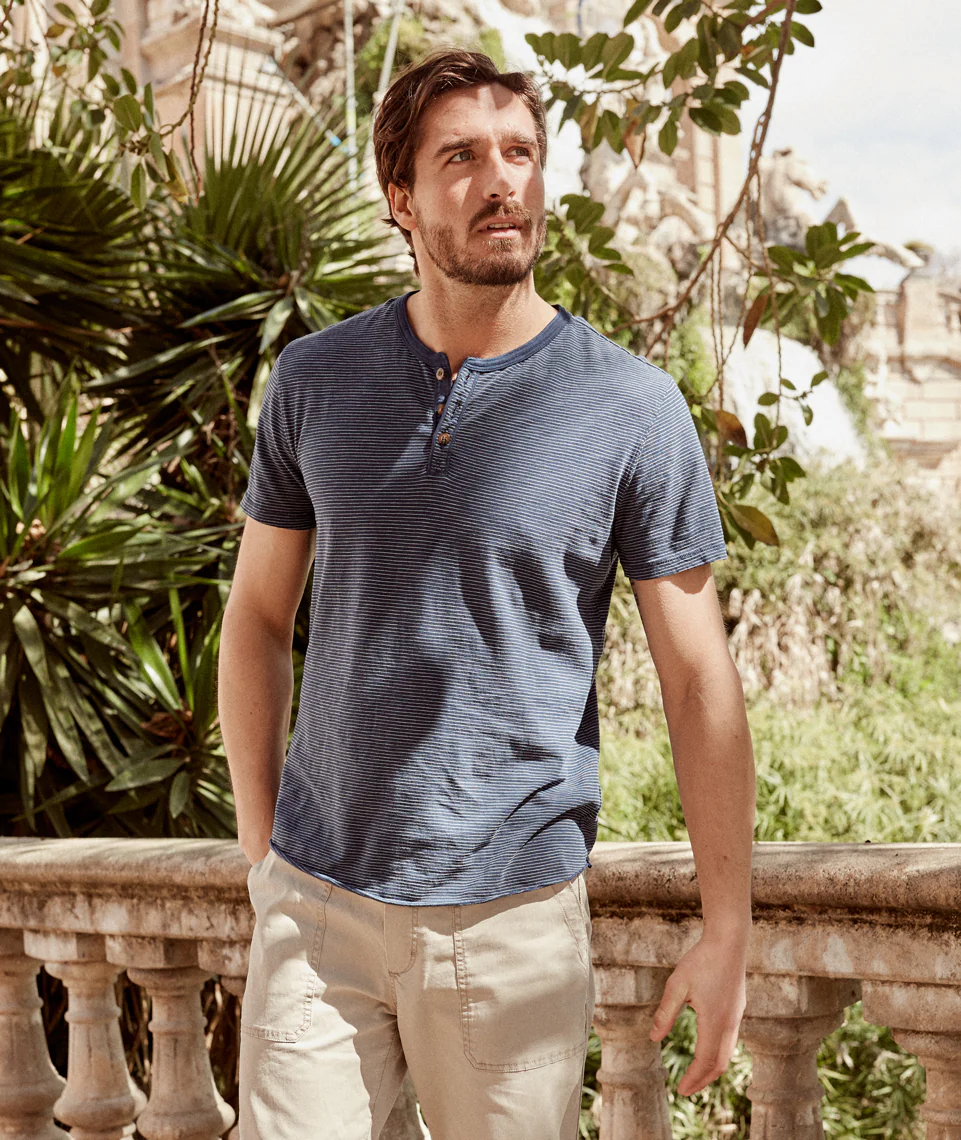 Short Sleeve Henley in Blue Stripe