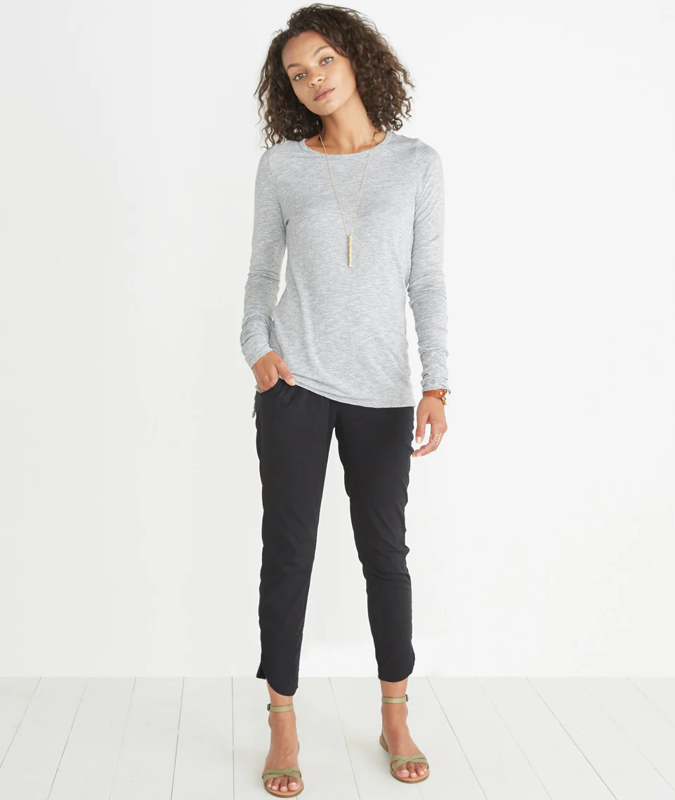 Longsleeve Hi-Low Crewneck - Grey and White Stripe