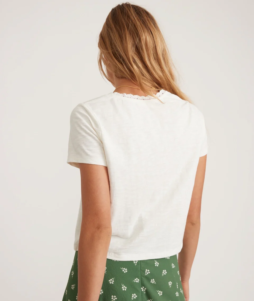 Rhea Lace Trim V-Neck Tee in Antique White