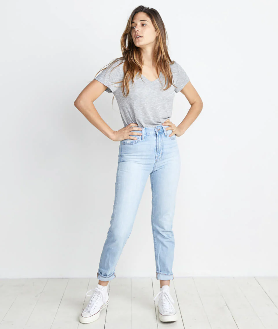 Slub V-Neck in Thin Grey and White Stripe