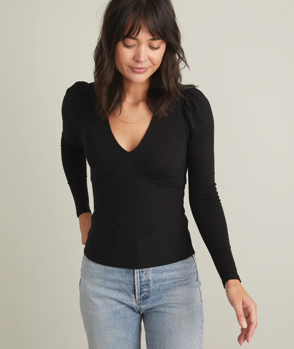 Lexi Rib V-Neck Top in Black