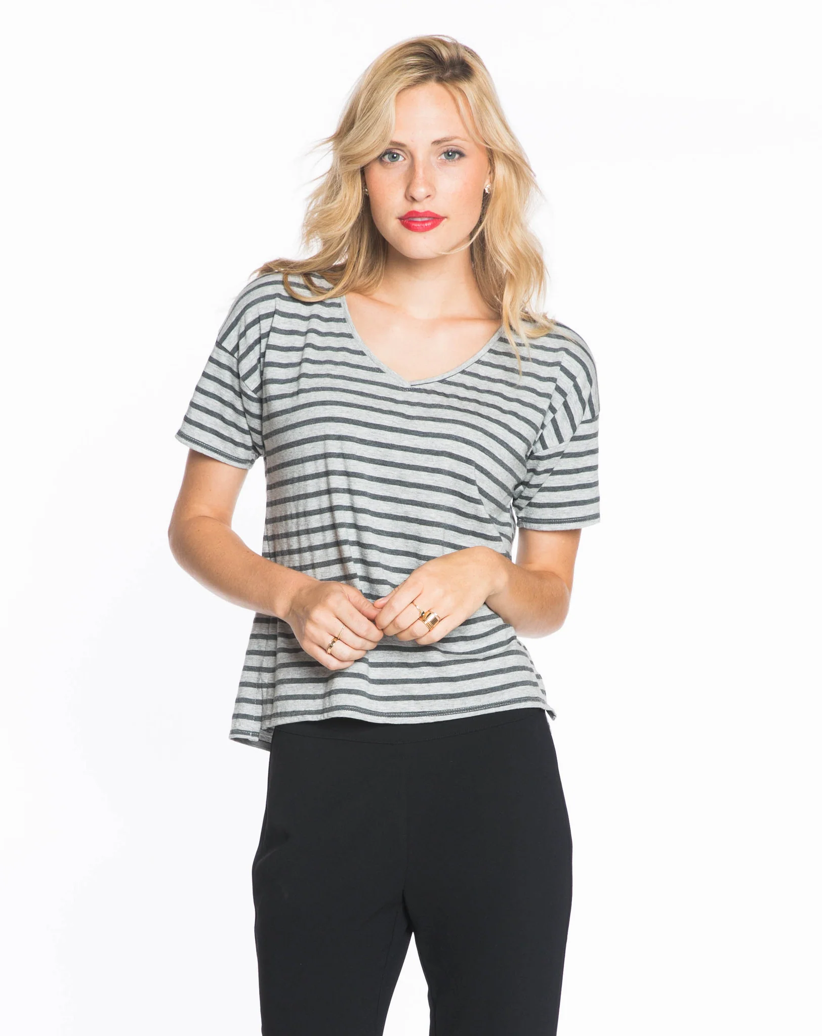 Martha V-neck - Heather Grey and Charcoal Stripe