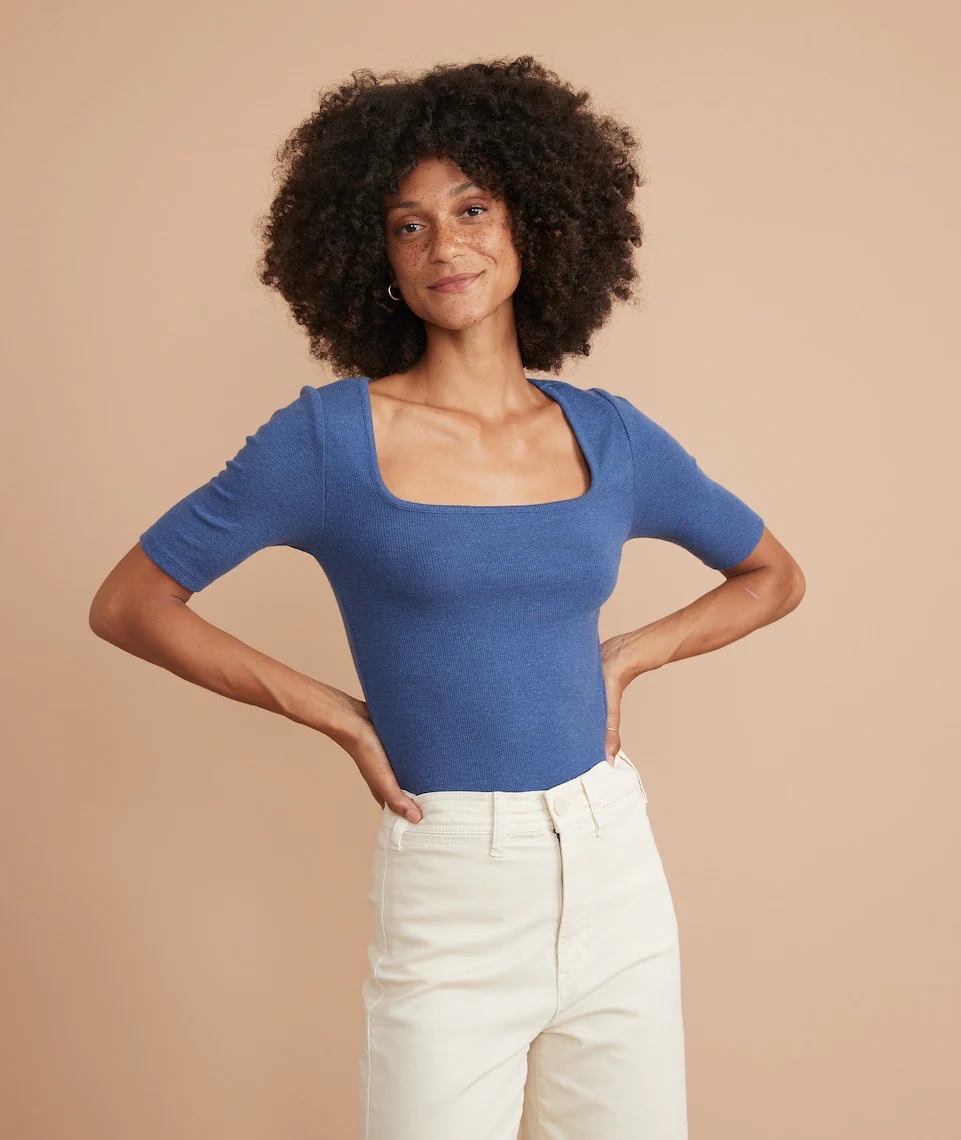 Lexi Rib Square Neck Top in Blue Heather
