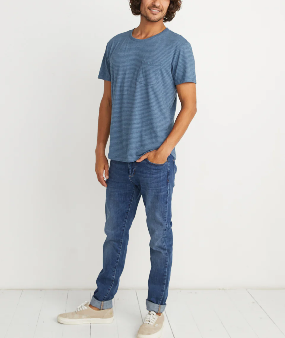 Saddle Pocket Tee in Bering Sea/Black Stripe