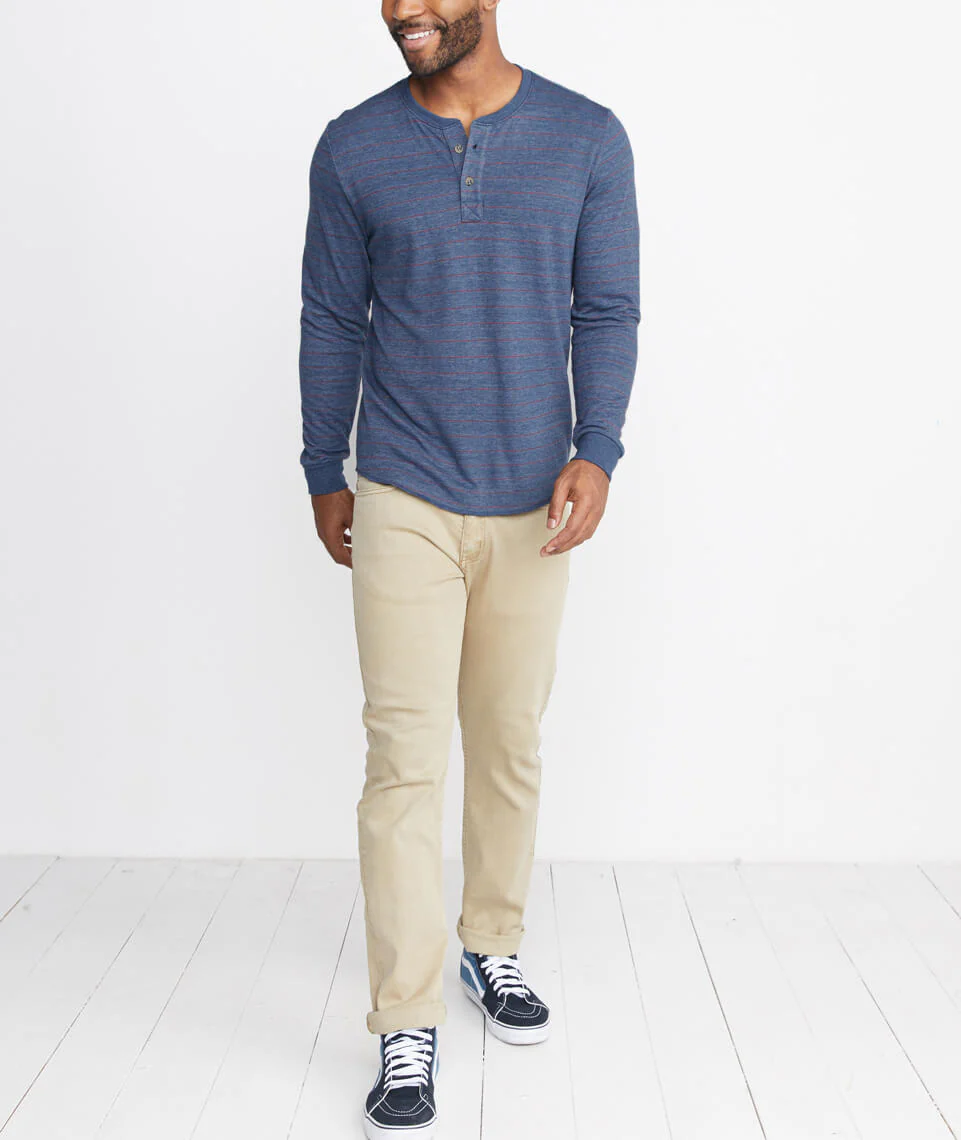 Double Knit Henley in Navy/Red Stripe