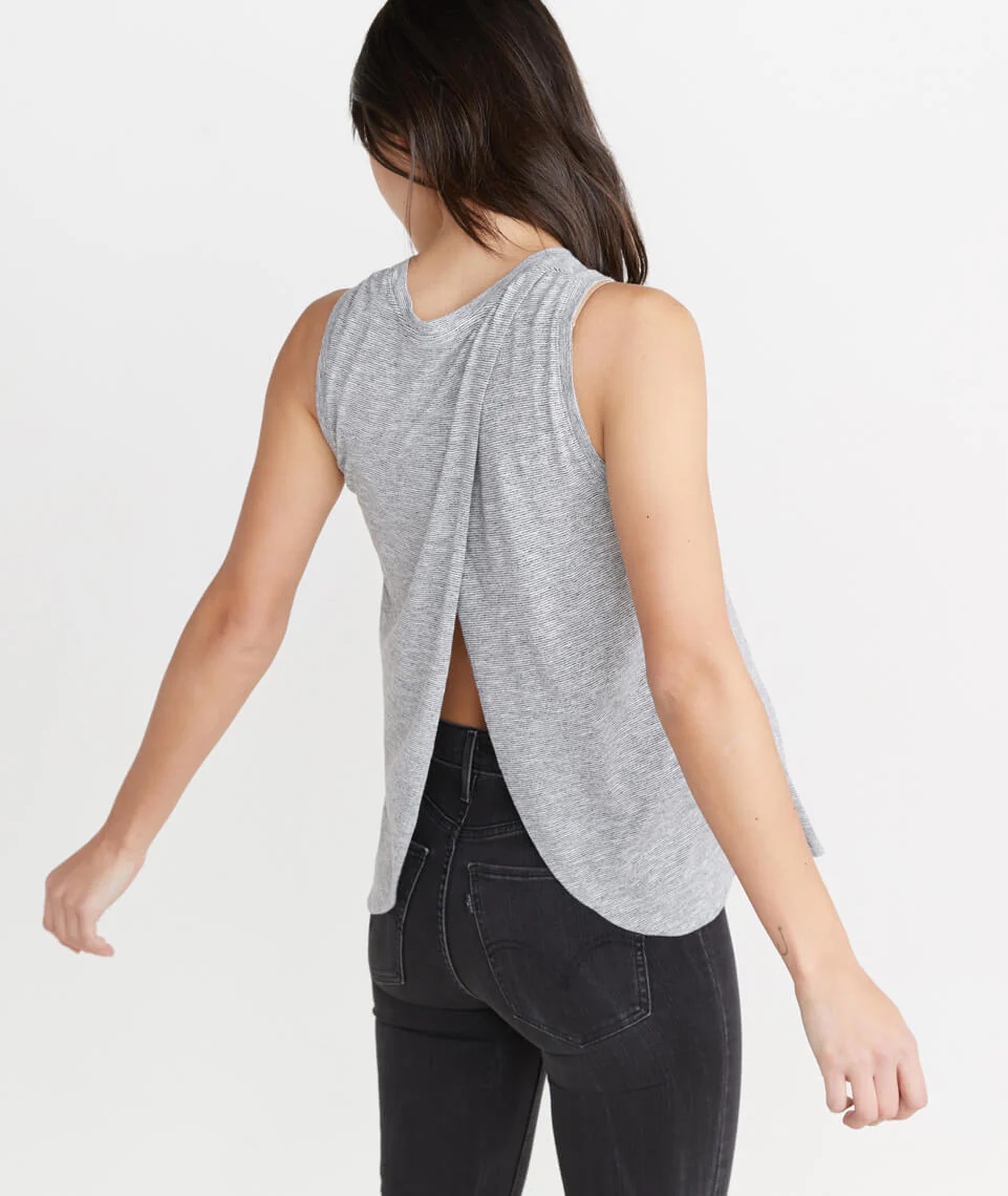 Tulip Back Tank in Thin Grey & White Stripe