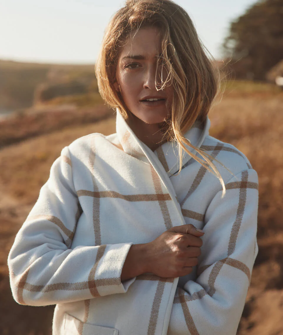 Liverpool Shawl Collar Coatigan in Cream/Camel Windowpane