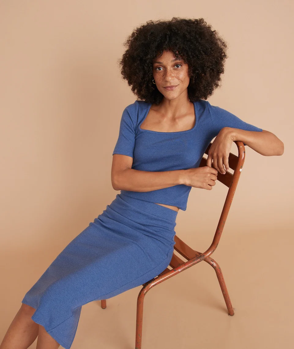 Lexi Rib Square Neck Top in Blue Heather
