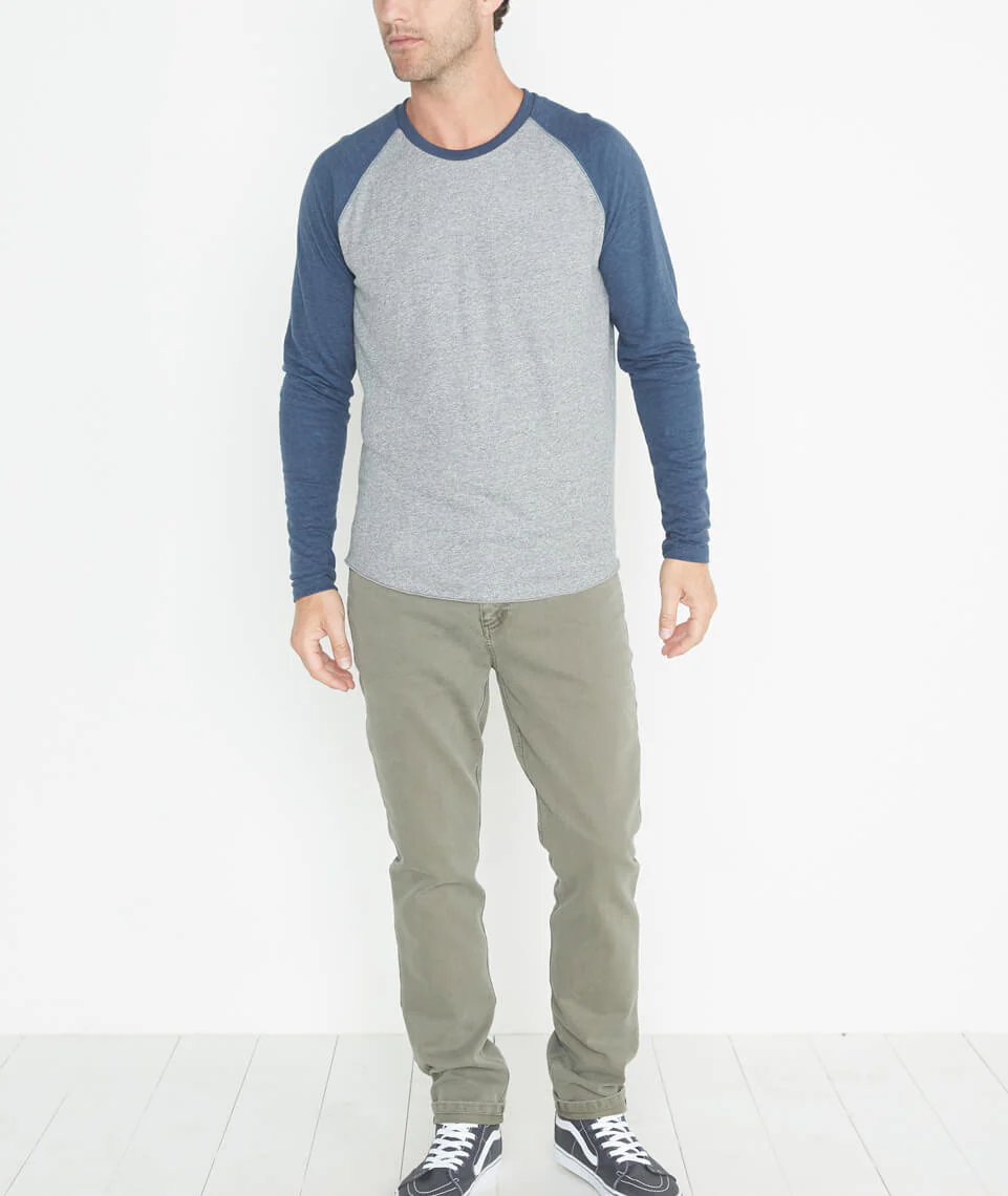 Double Knit Baseball Raglan in Heather Grey/Deep Denim