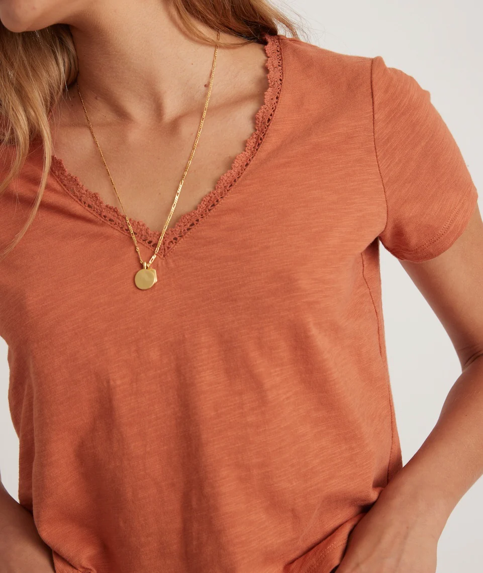 Rhea Lace Trim V-Neck Tee in Amber Brown