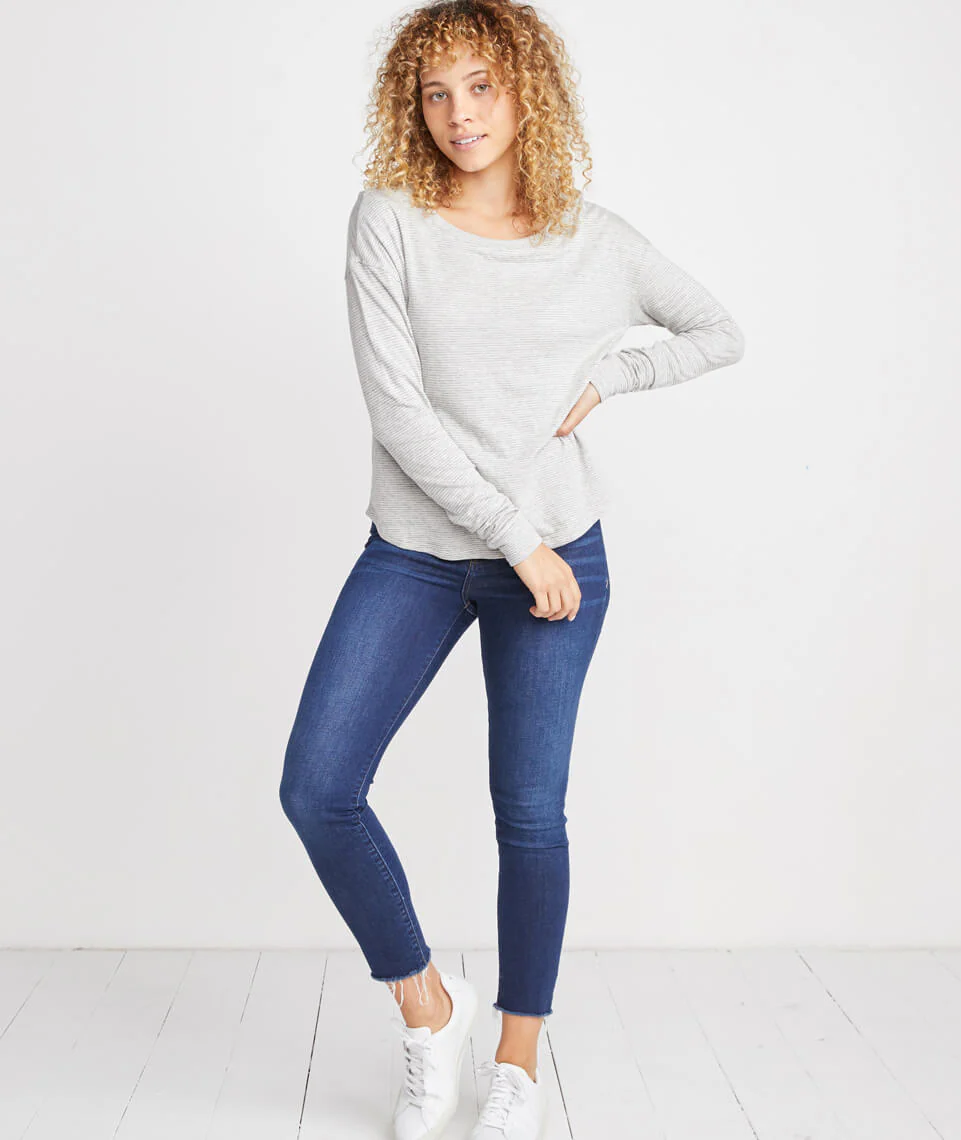 Double Knit Saddle Crew in Heather Grey/Cream