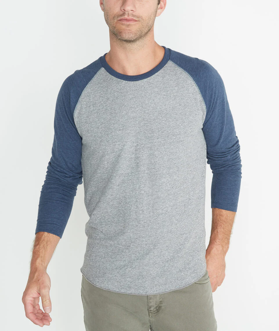 Double Knit Baseball Raglan in Heather Grey/Deep Denim