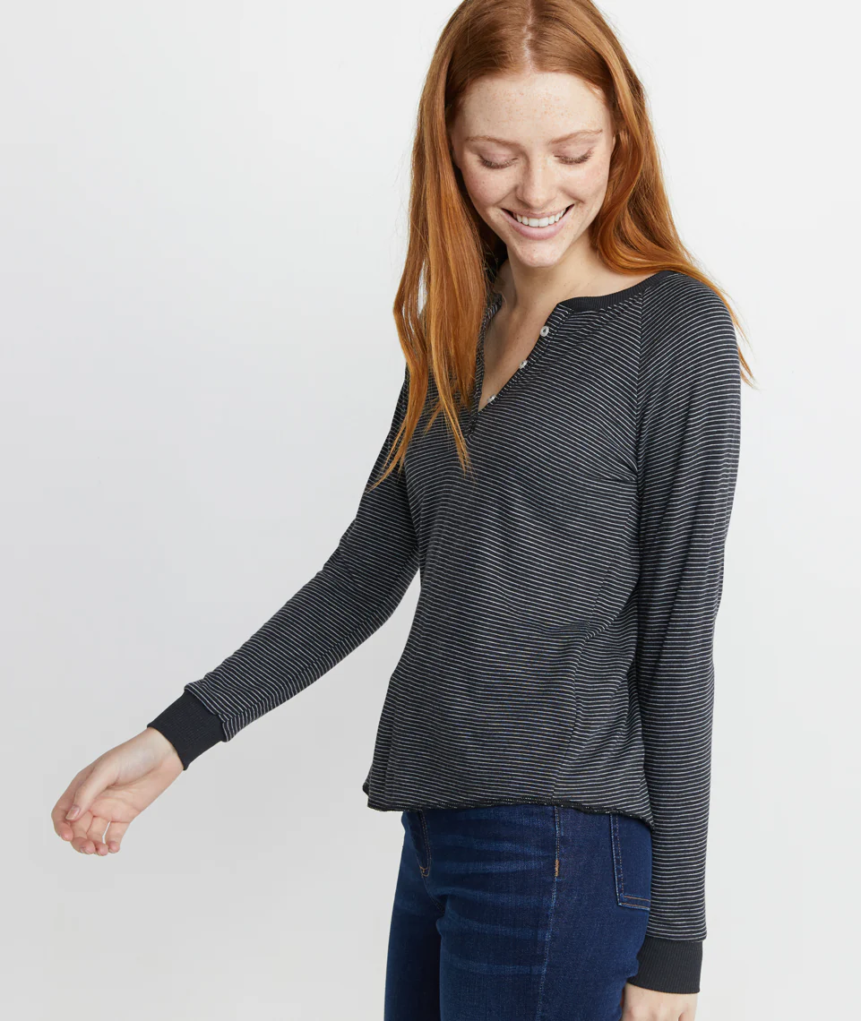 Double Knit Henley in Black/White Stripe