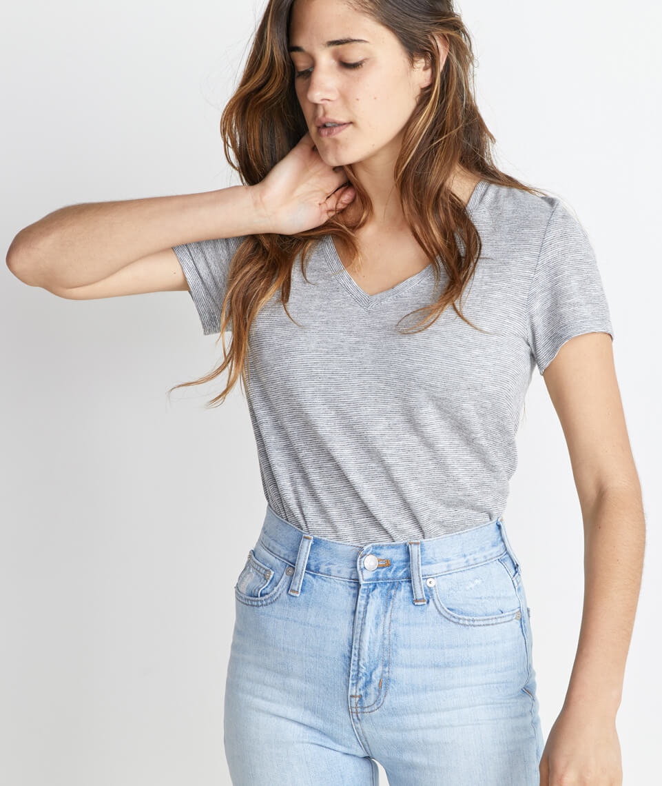 Slub V-Neck in Thin Grey and White Stripe