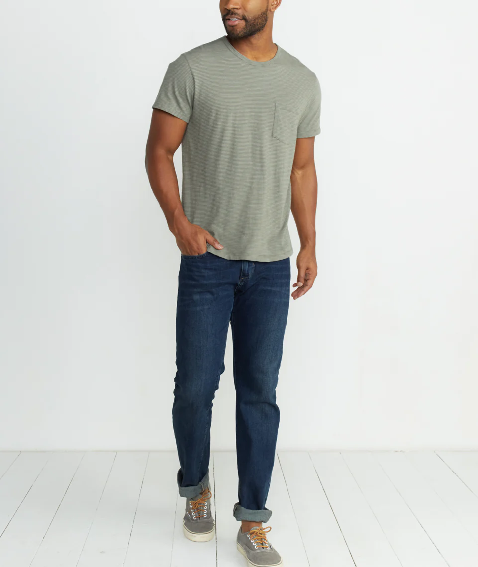 Saddle Pocket Tee in Thyme/White Stripe