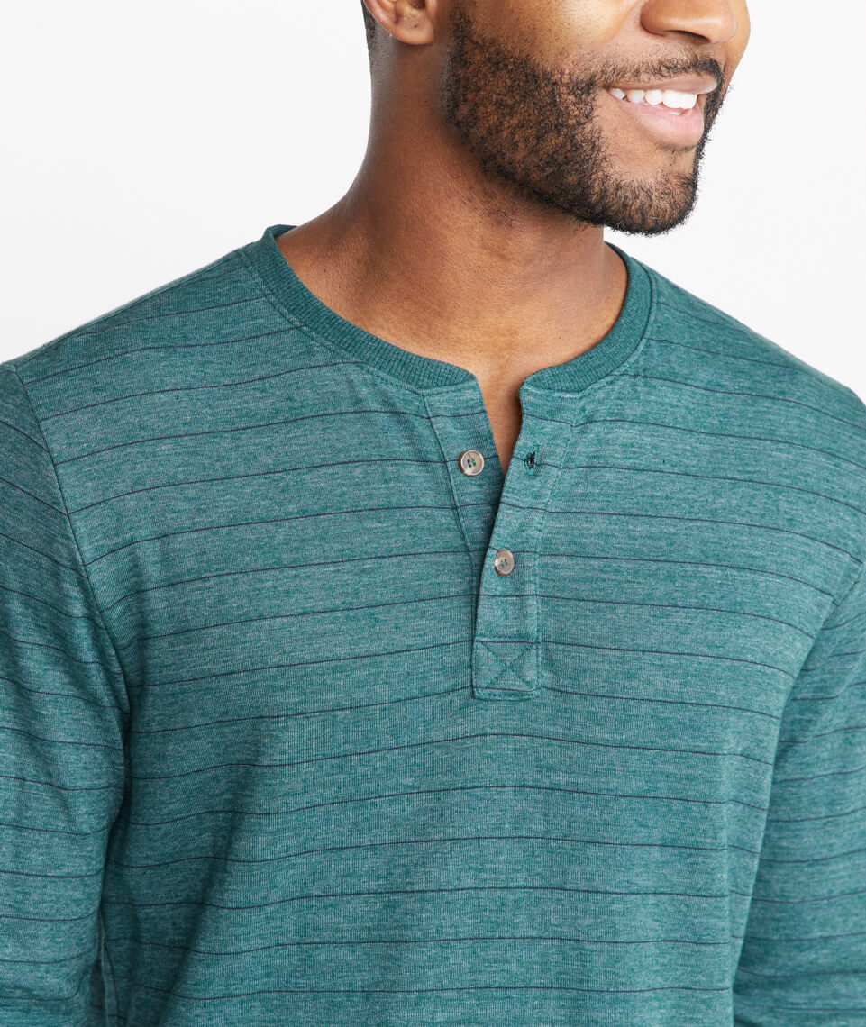 Double Knit Henley in Green/Blue Stripe