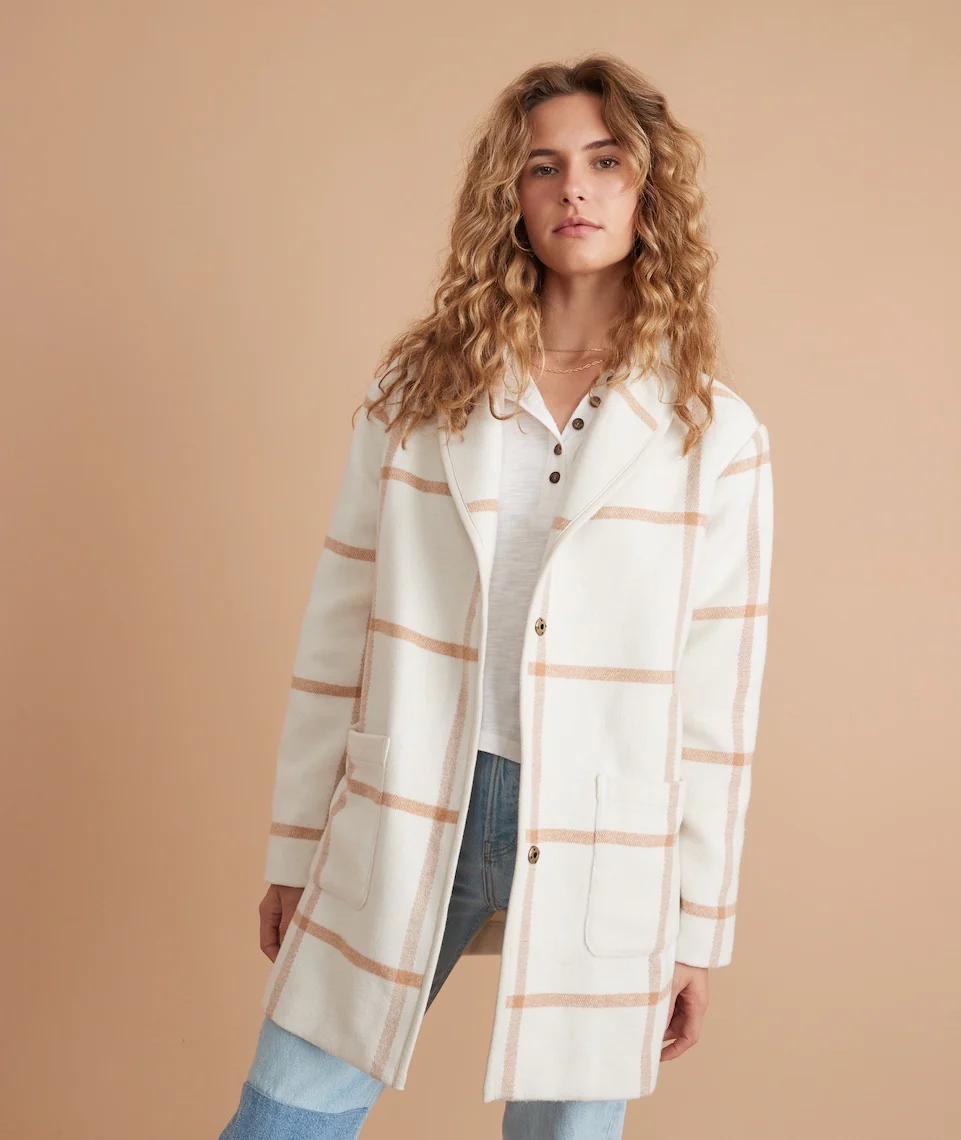 Liverpool Shawl Collar Coatigan in Cream/Camel Windowpane