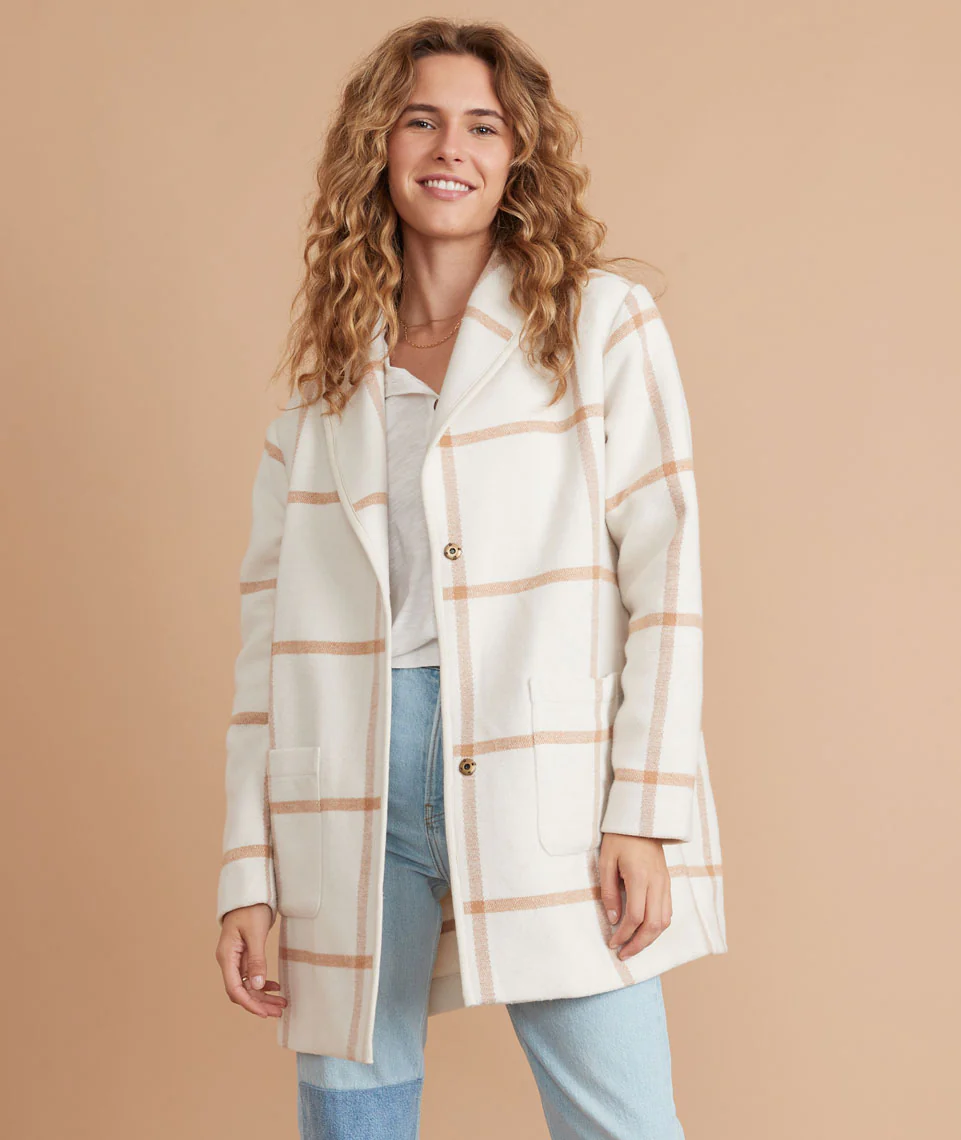 Liverpool Shawl Collar Coatigan in Cream/Camel Windowpane