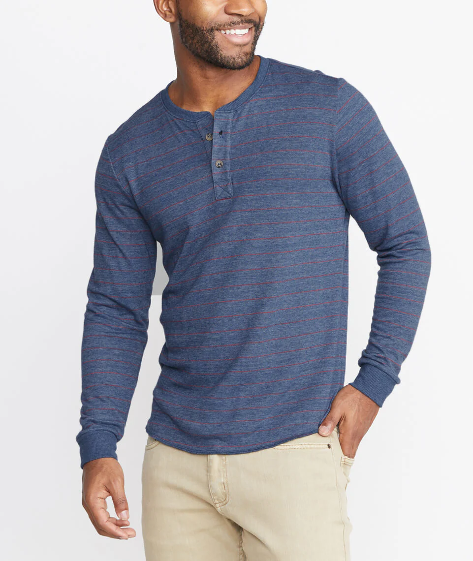Double Knit Henley in Navy/Red Stripe