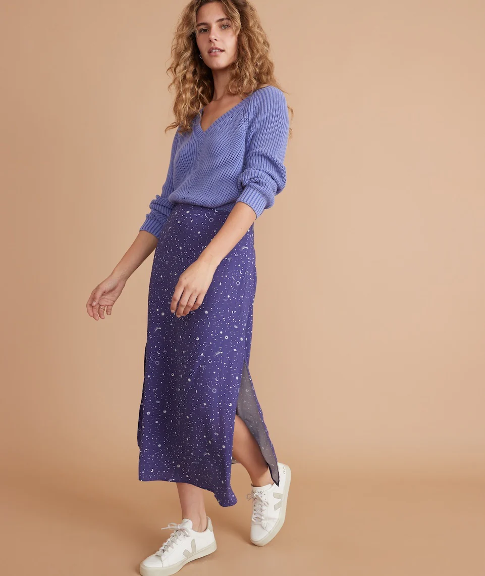 Ryan Midi Slip Skirt in Blue Celestial Print