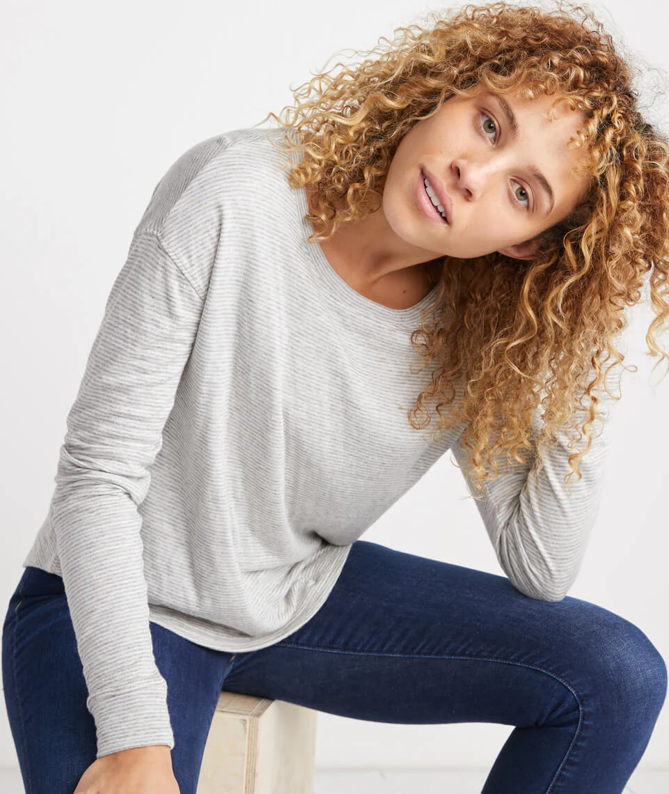 Double Knit Saddle Crew in Heather Grey/Cream