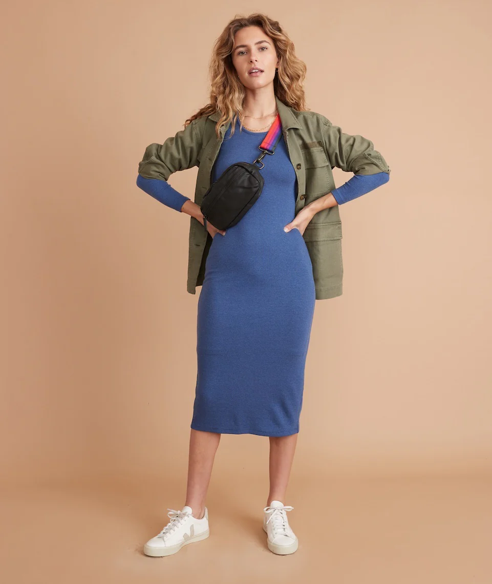 Lexi Rib Long Sleeve Midi Dress in Blue Heather