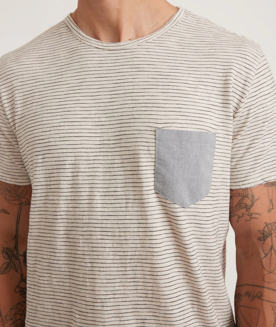 Saddle Hem Chambray Pocket Tee in Natural/Black Stripe