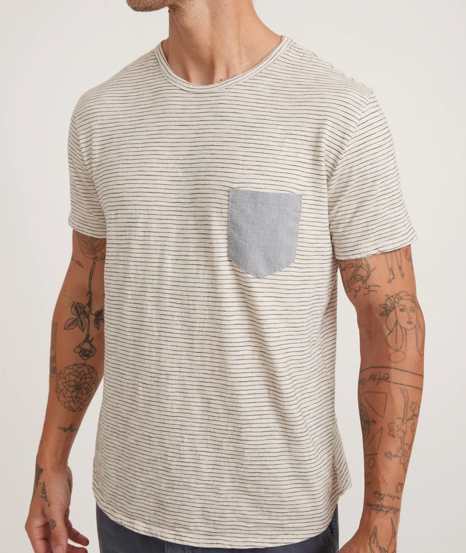 Saddle Hem Chambray Pocket Tee in Natural/Black Stripe