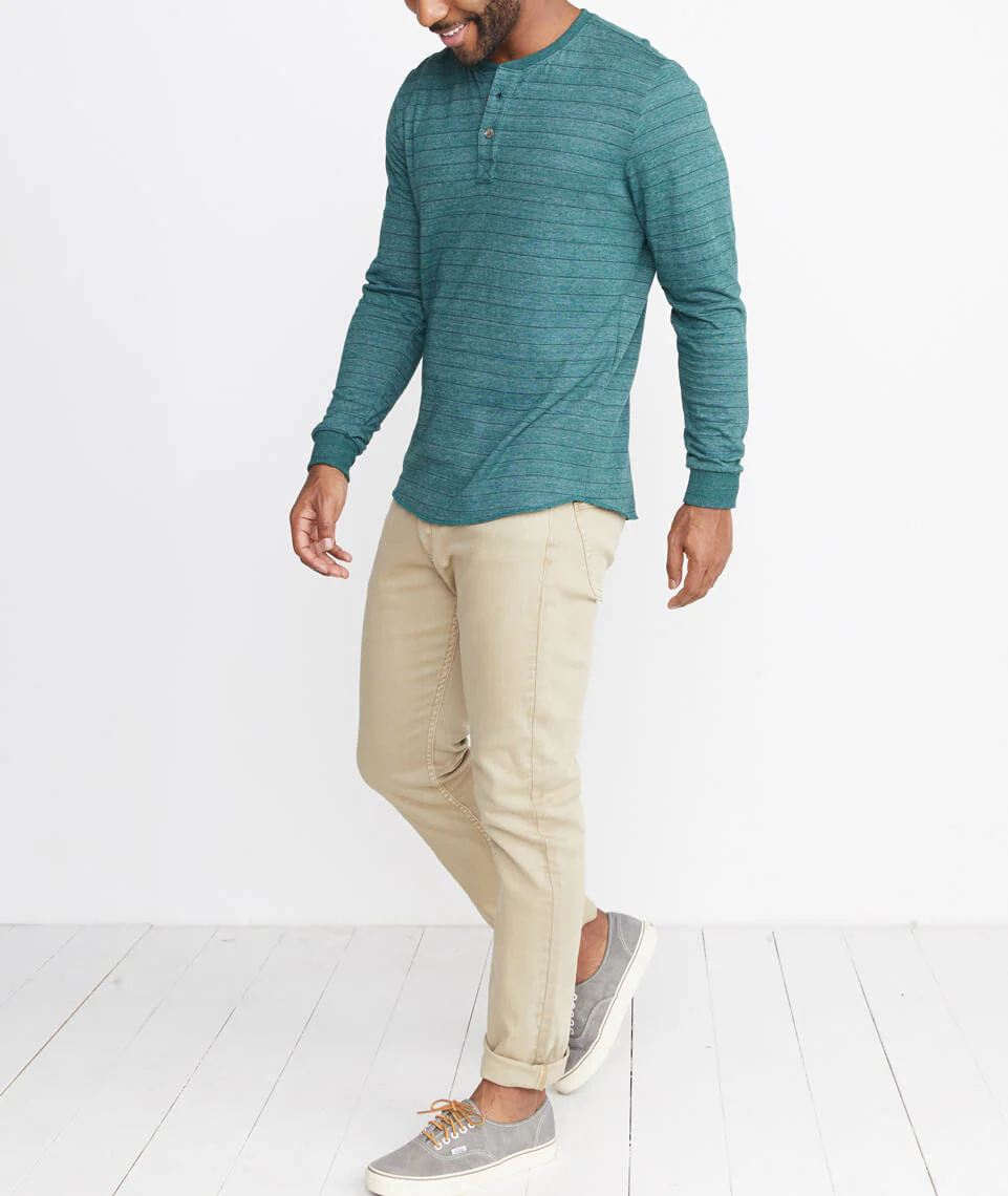 Double Knit Henley in Green/Blue Stripe