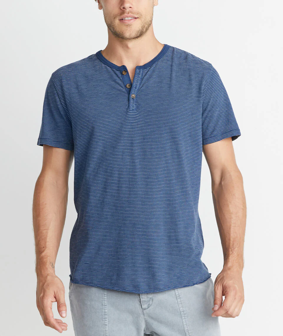 Short Sleeve Henley in Blue Stripe