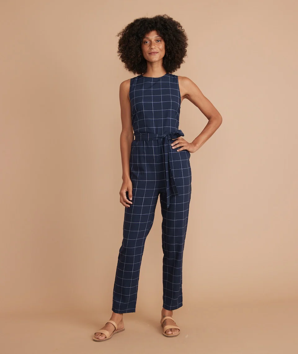 Eloise Belted Jumpsuit in Navy Windowpane