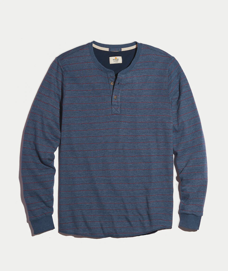 Double Knit Henley in Navy/Red Stripe