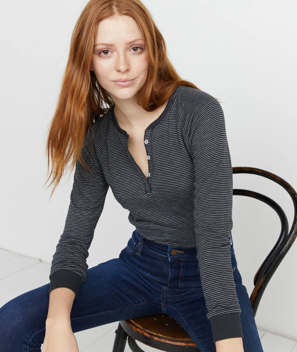 Double Knit Henley in Black/White Stripe