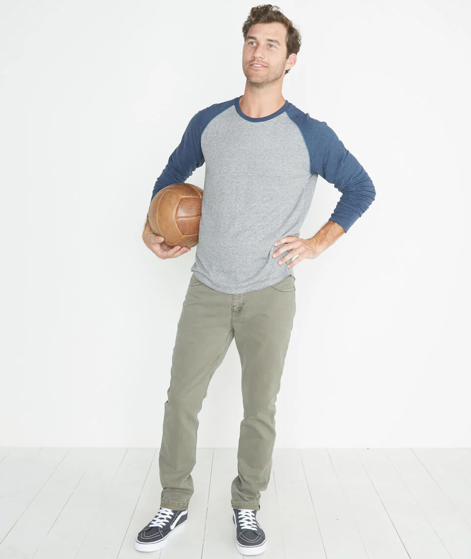 Double Knit Baseball Raglan in Heather Grey/Deep Denim