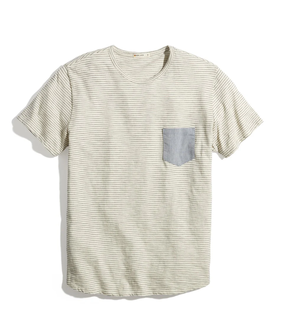 Saddle Hem Chambray Pocket Tee in Natural/Black Stripe