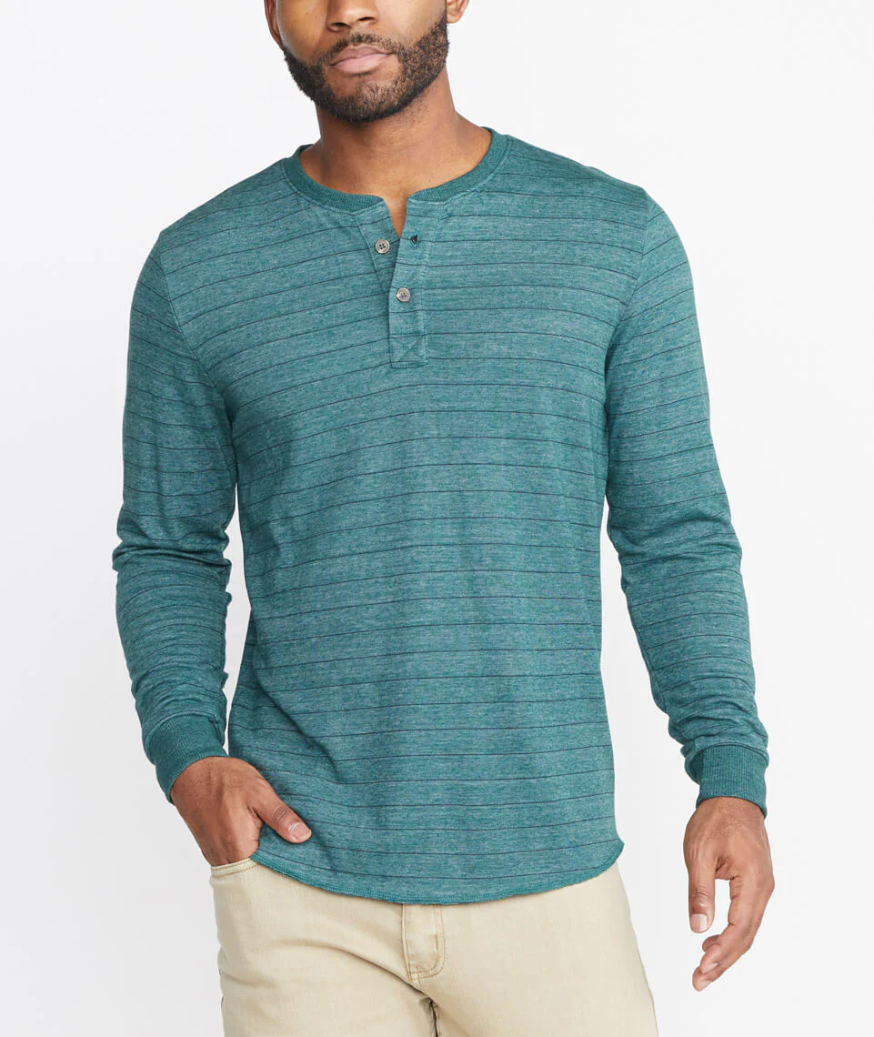 Double Knit Henley in Green/Blue Stripe